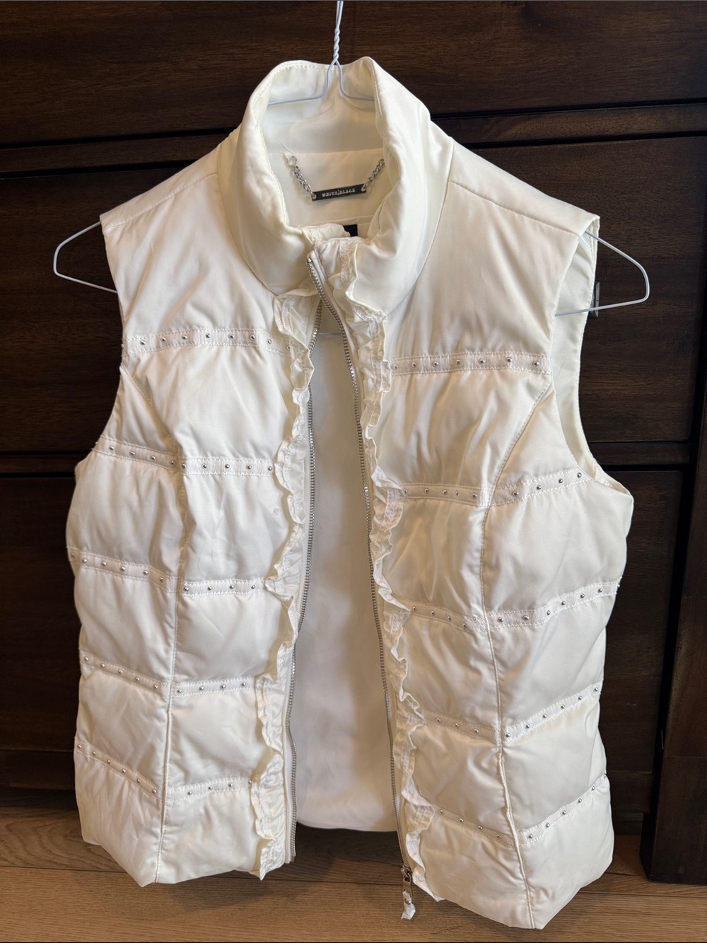 White House Black Market Ivory Quilted Ruffle-Trim Vest